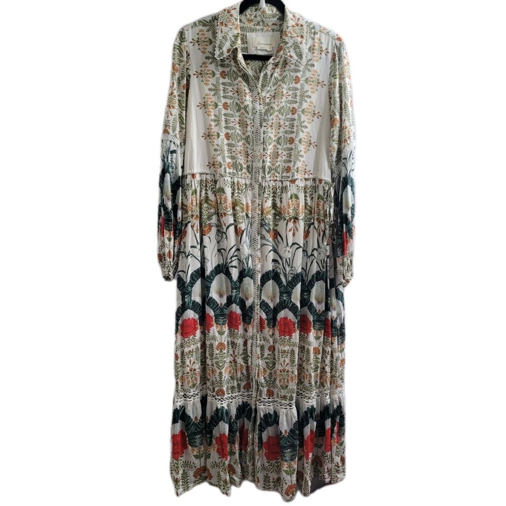 Anthropologie Eleanora Maxi Shirt Dress M Botanical Floral Cotton Silk Boho